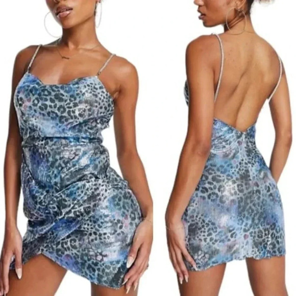 ASOS Design Sequin Diamante Strap Mini Dress blue snake print Size 0 NWT - Picture 1 of 15